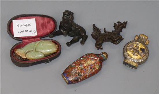 A Chinese green and russet jade fish, a cloisonne enamel snuff bottle, a pewter snuff bottle and two small Oriental bronzes